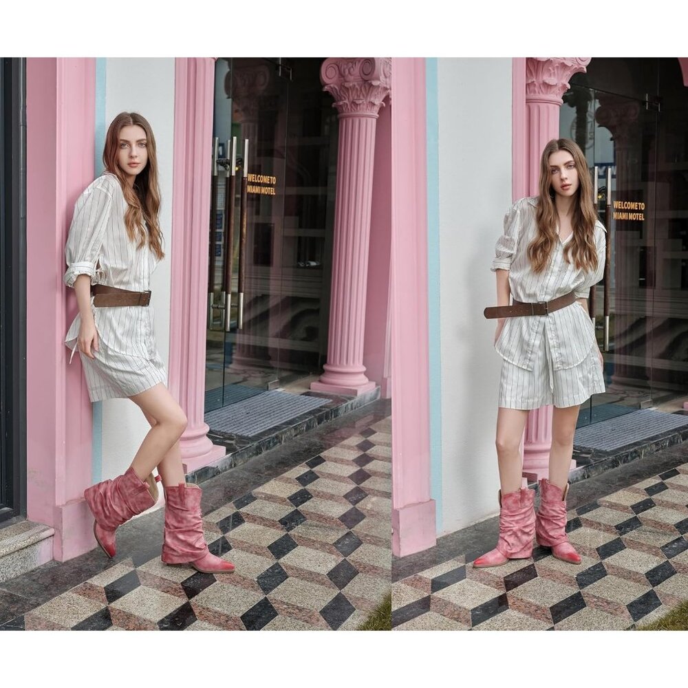Women's Pink Leather Vintage Retro Mid Calf Chunky Heels Western Cowgirl Boots - Picture 4 of 8